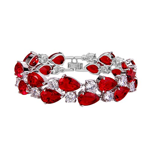 EVER FAITH Women's Prong Cubic Zirconia Vintage Style Dual Layer Tear Drop Bracelet Red Silver-Tone