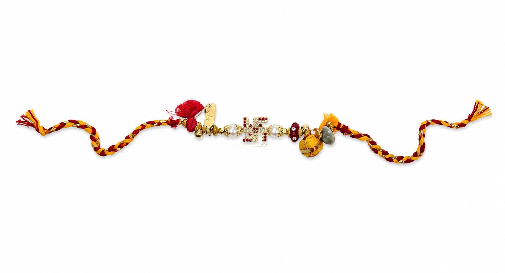 Traditional Premium Kangan Dora For Bride And Groom Indian Wedding Pooja Items | Kundan Flower Swastik Kalava For Hand Bracelet Puja Thread With Pearl, Bead & Tassel Work For Haldi, Mehendi & Pheras Raksha Sutra Nazar Moli Dhaga-image-5