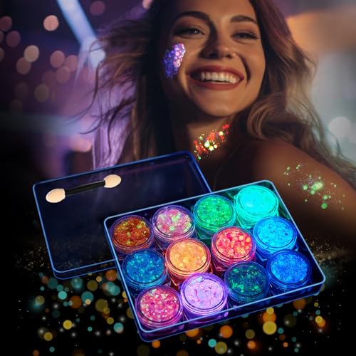 Neon Festival Glitzer Set, 12 Farben Leuchtende Glitzerpigmente für Gesicht und Körper, Karneval und Halloween Make-up.