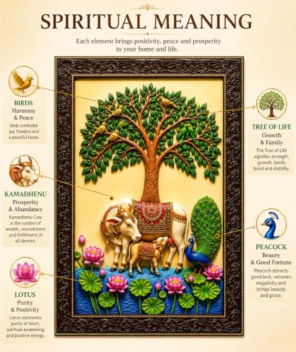 Image of Kamadhenu Cow & Calf Wall Photo Frame with Tree of Life, Peacock & Lotus |Religious Wall Decor for Living Room, Pooja Room & Bedroom | Vastu Home Decoration | Housewarming Gift