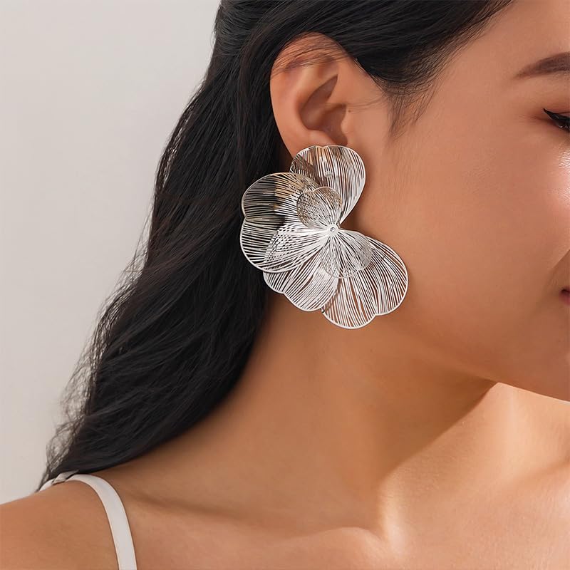 Gold Big Irregular Petal Earrings Bold Large Flower Ginkgo Leaf Silver Oversized Floral Statement Drop Dangle Beach Vacation Earring Jewelry for Women4