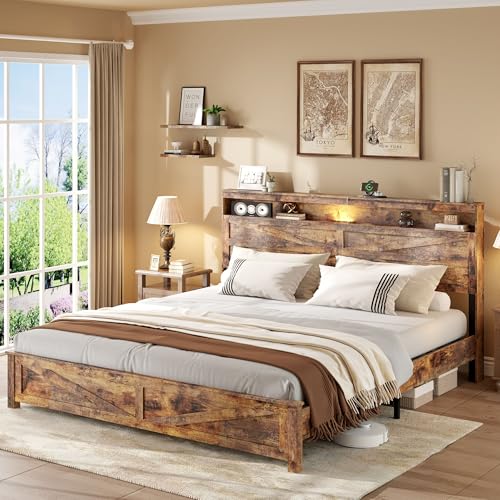Farmhouse King Size Bed Frame with Headboard Storage Shelf, Wood