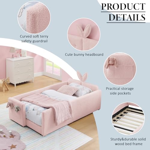 Image of Twin Size Bed Frame for Kids, Upholstered Daybed Frame Floor Bed with Safety Rails and Storage Pocket Cute Rabbit Ear Shaped Headboard for Kids Teens Boys Girls, Pink