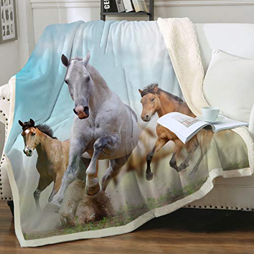 Sleepwish Horse Soft Blanket Wild Horses Fleece Throw Blanket Galloping Horse Sherpa Blanket Western Horse Running Plush Blanket Horse Gifts for Kids Girl Boys Women Men (50"x60", Blue)