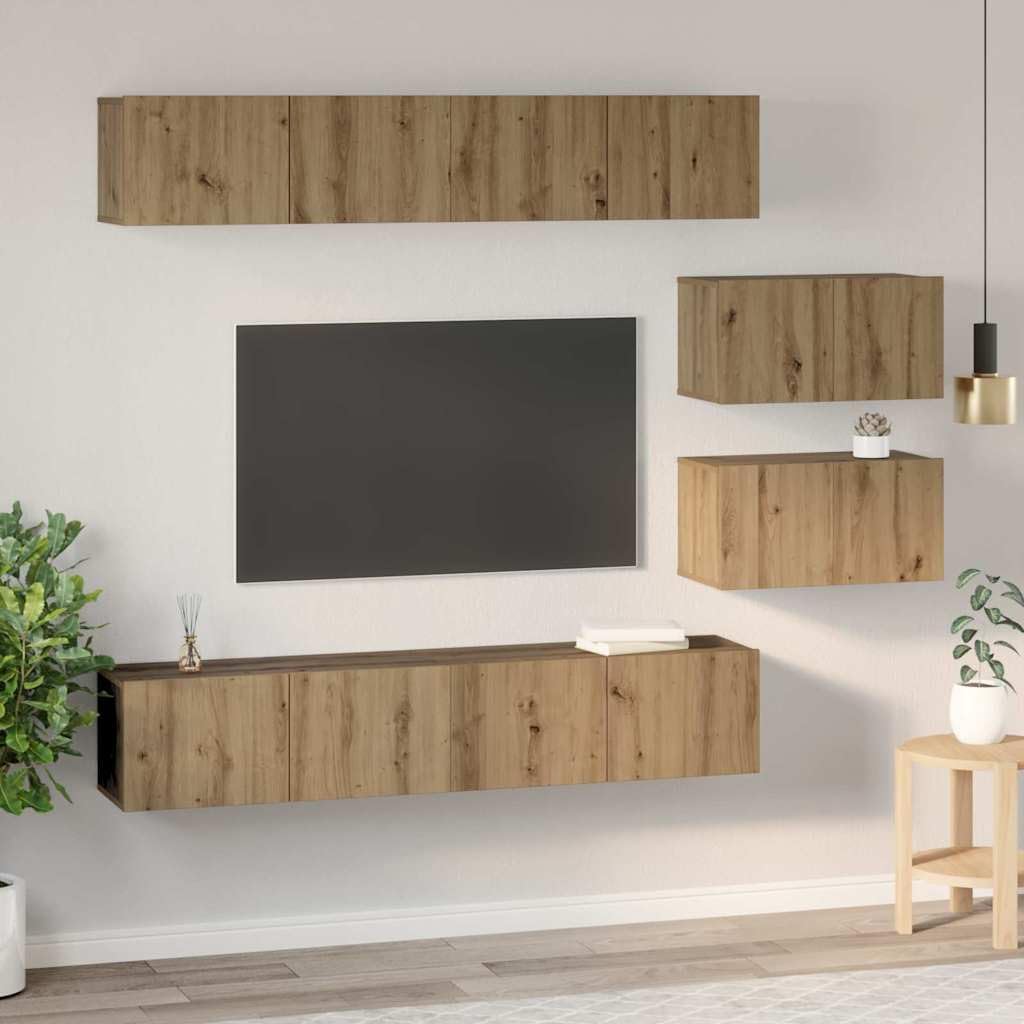 Ensemble Meuble TV 6 pcs chêne Artisanal Bois d'ingénierie avec Portes charnières et étagères murales pour Salon séjour multimédia Rangement Console Support Design Moderne