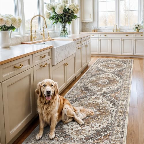 Madane Hallway Rug 3x10, Kitchen Rugs Washable Entryway Rug Vintage Kitchen Runners Non Slip Indoor Area Rug Farmhouse Carpet Runner for Bathroom Living Room Bedroom, Turmeric/Grey