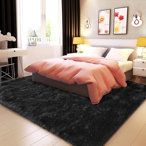 Fluffy Rug Flame Resistant 5x7 Feet, Black Throw Rugs for Living Room, Ultra Soft Shag Fuzzy Plush Carpets Indoor