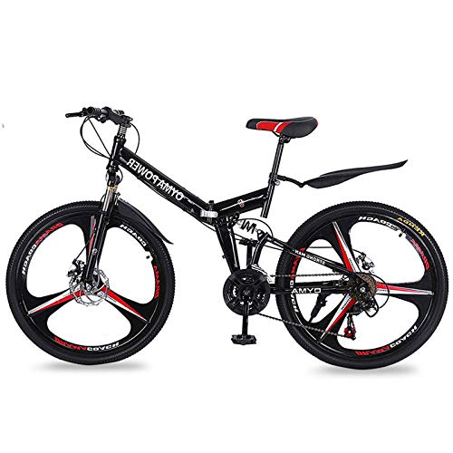 TUXM Men's Folding Mountain Bike 26 inch Three-Knife Wheels, Front and Rear Disc Brakes- Mechanical Bikes, Full Suspension Bike for Adult (Black)
