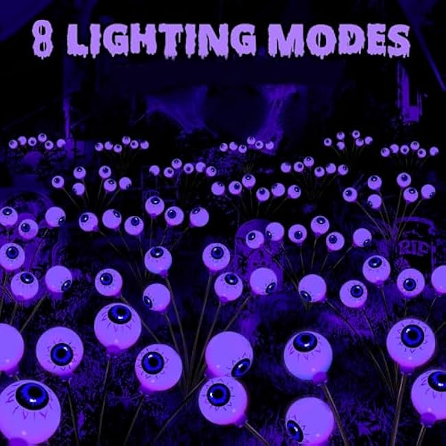Halloween Outdoor Decorations, 2 Pack 16 LED Eyeball Solar Garden Lights, 8 Modes Scary Halloween Lights Waterproof for Yard Garden Lawn Pathway Party Decorations (Purple)