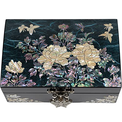 February Mountain - Pequeño joyero de madera con incrustaciones de nácar y espejo en la tapa, organizador para pendientes, collares, anillos, pulseras y demás accesorios. El regalo ideal para las