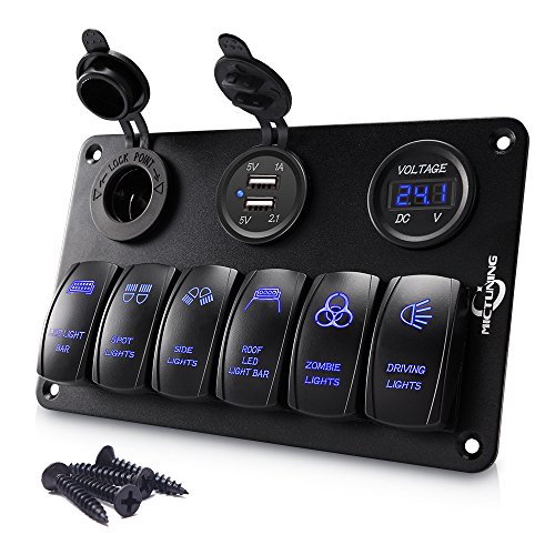 MICTUNING 12V 24V Aluminum Waterproof Switch Panel with Cigarette Lighter Adapter, Dual USB and Voltmeter for Car Truck Boat Marine (6 Gang, Blue)