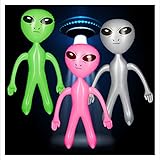 Relaxdays 3 x aufblasbares Alien, Marsmännchen Figur, Sci-Fi Party Deko, Karneval, Wasserspielzeug, Aufblasalien, grün/pink/Silber