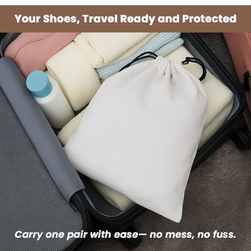 LFH Cotton Rich Shoe Storage Bags with Drawstring, Dustproof Breathable Reusable Organizer, Perfect For Travel, Dorm, Hotel, College, Gym, Easy to Carry, Machine Washable 12"x17" (Pack of 4) - White2