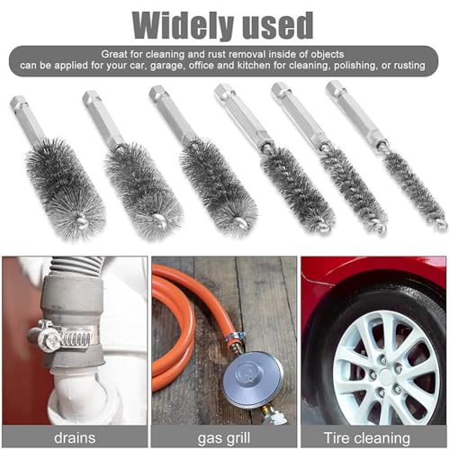 Image of Stainless Steel Bore Brush Stainless Steel Bristles Wire Brush for Power Drill with Hex Shank Handle (0.31inch .39 inch .47inch .59 inch .67 inch .75 inch, 6 Pcs)