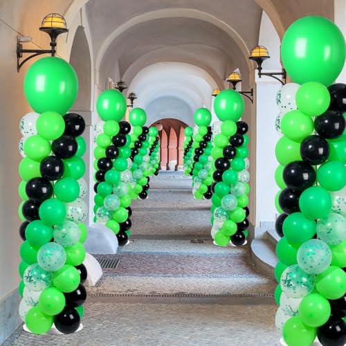 Image of 2 Sets Green and Black Balloon Column Stand Kit with 102 Balloons Adjustable Balloon Tower Stand with Bases for Floor Confetti Balloons Column Kit for Graduation Birthday Appreciation Party Decor