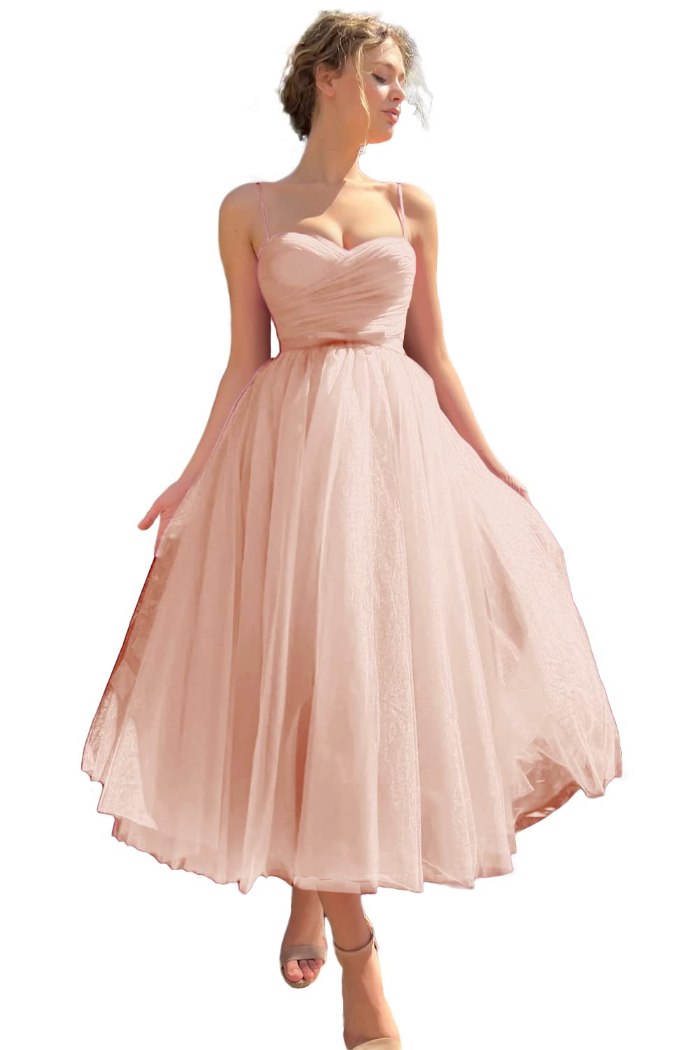 Sevintage Spaghetti Straps Tulle Prom Dress Tea Length Formal Party Evening Dress with Pockets
