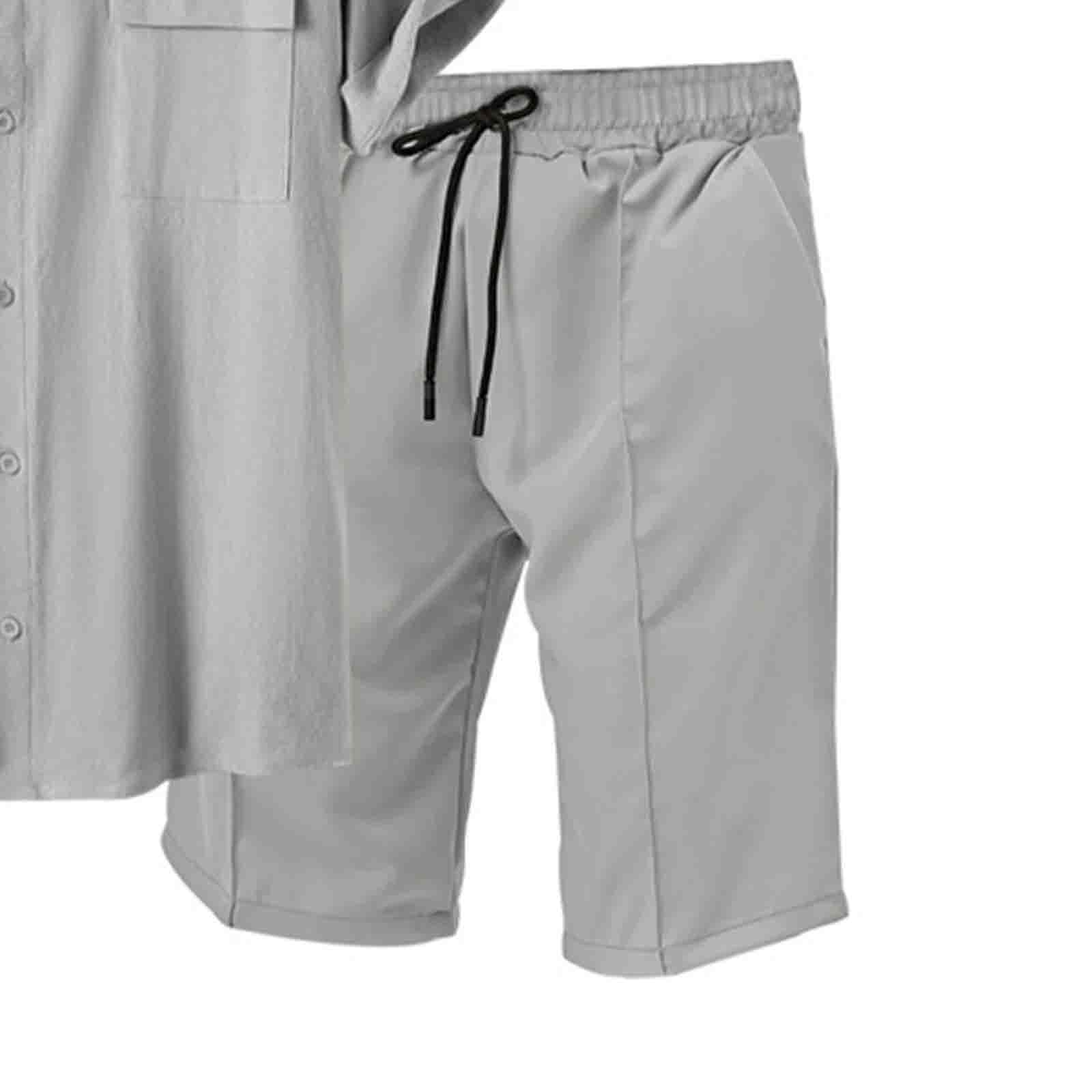 Herren Sommer Outfit Set Hemd Und Shorts Set 2 Teiliges Hemden mit 2 Taschen Kurze Hosen Elastischer Taille Leichte Sommeranzug Freizeitanzug Regular Fit Strandanzug