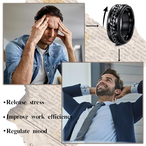 16Pcs Stainless Steel Band Rings for Men Women Stress Anxiety Relief Fidget Rings Black Cool Chain Spinner Rings Set for Wedding Promise Mens Rings Pack2