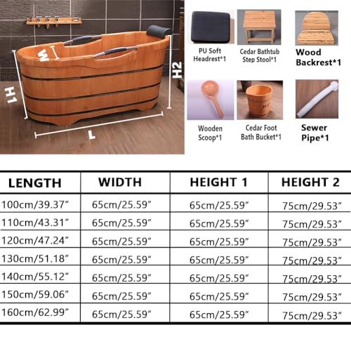 MegLob Moderne Holzbadewanne, Klassische Massive Holzbadewanne, Freistehende Eiche-Badewanne Mit Pop-Up-Abfluss, Zeitgenössische Holzwanne Mit Innerem Hölzernen Sessel,160cm/62.99" – Bild 5