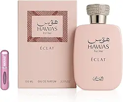 Perfume Hawas Éclat Eau de Parfum de 100 ml, perfume árabe para mulher de longa duração, inclui atomizador recarregável, fragrância feminina floral e luminoso, com notas de líchia, rosa e incenso