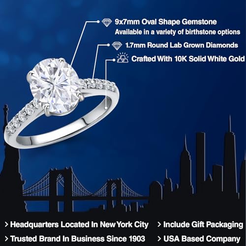 Gem Stone King 10K White Gold Gemstone Birthstone and White Lab Grown Diamond Accent Engagement Ring For Women | Oval 9X7MM and Round 1.7MM | Wedding Anniversary Promise Ring | Sizes 5, 6, 7, 8, 92