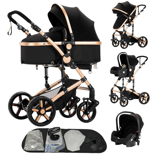 Reenborn Carrito Bebe 3 en 1, Carro Bebe con Dos Modos de Empuje Reversibles, Cochecito Bebe 3 Piezas con Marco de Aluminio, Carricoche Bebe con Diseño Plegable con Un Solo Clic (588 Black Gold) Reenborn Carrito Bebe 3 en 1, Carro Bebe con Dos Modos de Empuje Reversibles, Cochecito Bebe 3 Piezas con Marco de Aluminio, Carricoche Bebe con Diseño Plegable con Un Solo Clic (588 Black Gold)