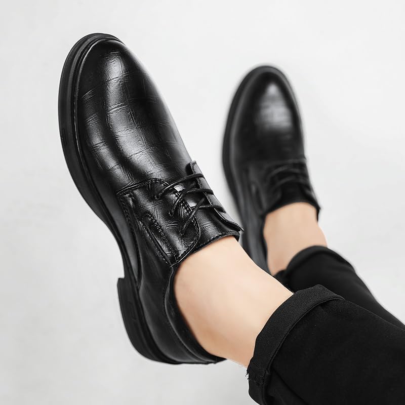 Oxford Dress Shoes for Men Lace Up Pointed Burnished Toe Faux Leather Derby Shoes Rubber Sole Block Heel Non Slip Anti-Slip Business(Black,10)4