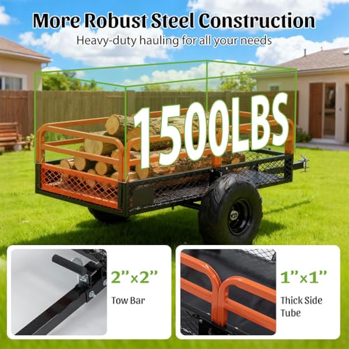 Carretilla remolque volquete de acero resistente de 1500 lb, 15 pies cúbicos, con volcado por doble control, neumáticos neumáticos de 17.7", estructura reforzada para ATV, UTV, tractor de césped y jardinería miniatura 3