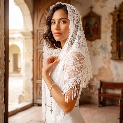 Image of Unsutuo Triangle Mantilla Veil White Lace Chapel Veils with Comb Catholic Mass Head Covering Scarf for Brides and Women