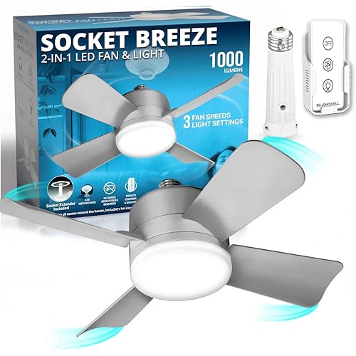 Bell+Howell Socket Fan Light Original – Warm Light Ceiling Fans with Lights and Remote, Ceiling...