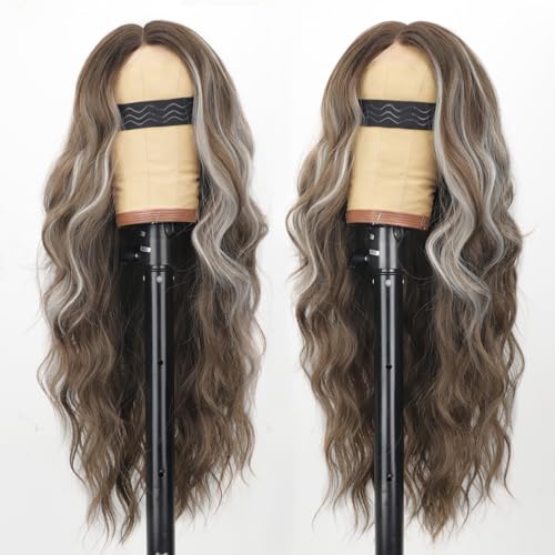 Image of AISI HAIR Ombre Brown Highlight Platinum Blonde Wig for Women, Long Wavy Lace Hairline Middle Part Synthetic Heat Resistant Wig for Daily Party-26 Inch