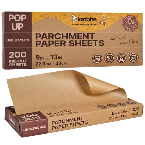 Katbite Parchment Paper Sheets Pop-Up 200 PCS, 9x13 Inches Precut Heavy Duty Baking Parchment, Extra Strong, Unbleached, Non-stick, Non-toxic, Flat Baking Paper for Oven, Cooking, Grilling, Air Fryer