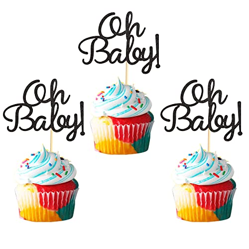 Arthsdite 24pcs Oh Baby Cupcake Toppers Baby Shower Cupcake Picks for Celebrating Baby Shower Kids Birthday Party Decoration Supplies - Black Glitter