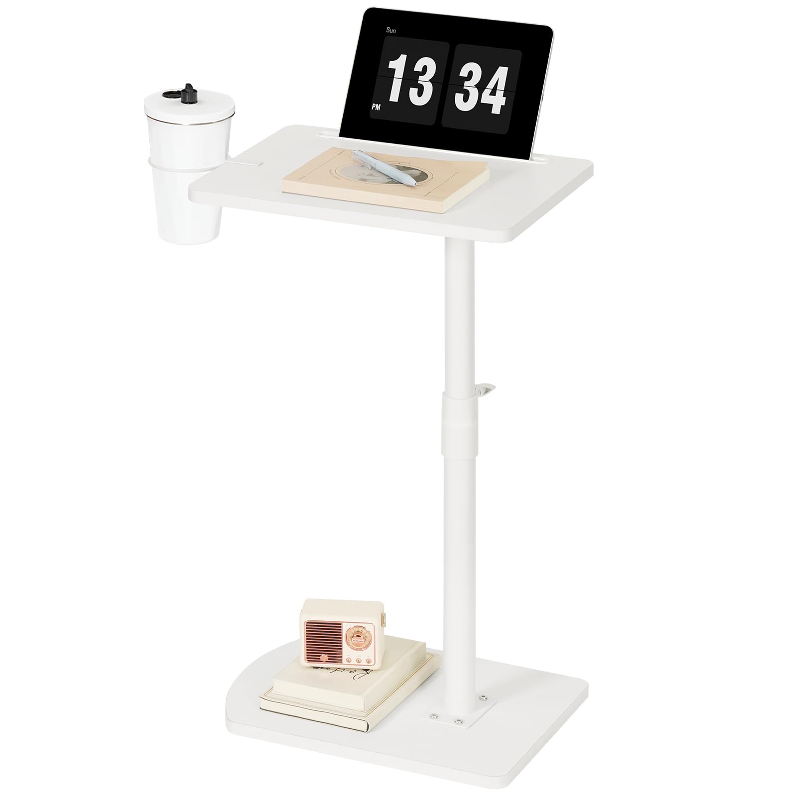 HOOBRO C Shaped Side Table, Height Adjustable Bedside Table, 360° Rotating Sofa Table Laptop Tables with Detachable Cup Holder and Tablet Slot, Slides Under Sofa, White EWW34SF01