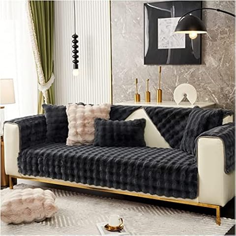 wekunro 2023 New Thick Rabbit Plush Sofa Cushion - Super Soft Fuzzy Non-Slip Sofa Cover, Universal Faux Fur Throw Pillow Cover, Fluffy Couch Cushion Covers (Black, Sofa Cushion 28*59 Inches) Cover