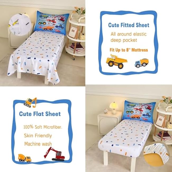 4 Piece Toddler Bedding Set for Boys,Cars Construction Toddler Bed Comforter Set Includes Comforter,Flat Sheet,Fitted Sheet and Pillowcase,Christan Trucks Tractors Bed in A Bag for Kids Bedroom