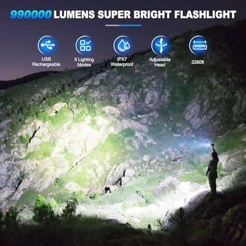 Image of KINGCAESAR Flashlights High Lumens Rechargeable, 2 Pack 90,000 Lumens Super Bright Flashlight, 5 Modes LED Flashlight, IPX7 Waterproof Powerful Flash Light for Home, Outdoor Activities