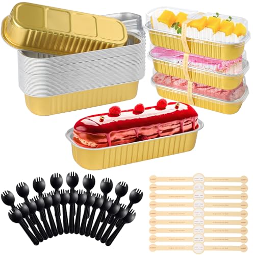 Jogoico 30 Piezas Mini Moldes para Pan con Tapas y Cucharas 200ML Aluminio Moldes para Hornear Rectangulares Reutilizables Tarta Fiesta Cumpleaños Cocina