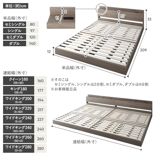 RASIK ベッド クイーン160(セミシングル+セミシングル) フレームのみ ブラック 連結 ロータイプ すのこ 照明 コンセント 棚 お客様組立 Famite ファミーテ の商品画像 1
