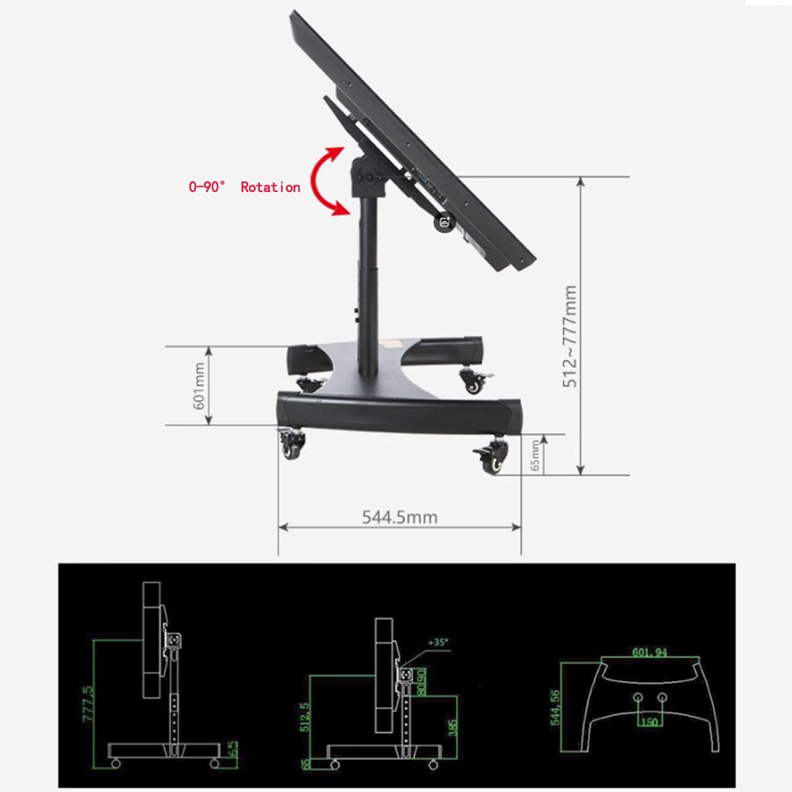 Support Mobile pour téléviseur à roulettes - Support de Sol réglable en Hauteur, pupitre Universel pour Salle de conférence, Chariot Bas inclinable de 0 à 90 degrés,Black