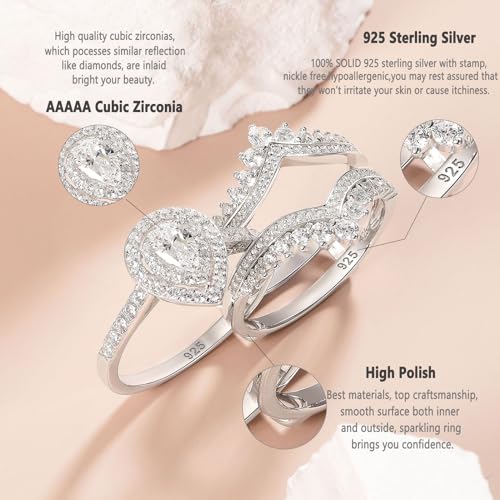 Newshe Jewellery Cubic Zirconia Wedding Ring Sets for Women 925 Sterling Silver Engagement Rings Bridal Band Enhancer Set Pear Travel Anniversary Size 5-103