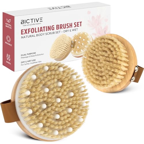 BICTIVE® Kit de 2 Cepillos Exfoliantes Corporales de Cerdas Naturales. Cepillo en Seco y Mojado para Celulitis, Drenaje Linfático, Mejorar Circulación y Brillo de la Piel. Dry Brush, Cerdas de Jabalí