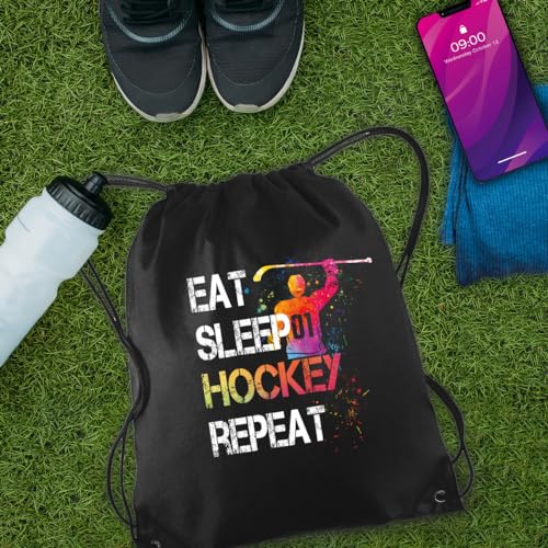 Eat Sleep Hockey Repeat Drawstring Backpack For Men Women, Waterproof Sport Sackpack For Hockey Lover Hockey Fan, Funny Birthday Christmas String Gym Bag Gifts For Her Him4