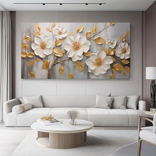 Quadro Fiori in rilievo oro tridimensionali da Parete, Senza Cornice Oro bianco Quadri moderni soggiorno da Parete Stampa su tela Canvas Decorazione Murale muro Arredo Salone 80L x40l cm