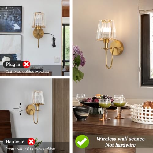 Image of EIDISUNY Battery Operated Wall Sconces Set of 2, Wireless Crystal Wall Sconces with RGB Dimmable Bulbs, Rechargeable Wall Sconce with Remote for Bedroom, Living Room(Gold)