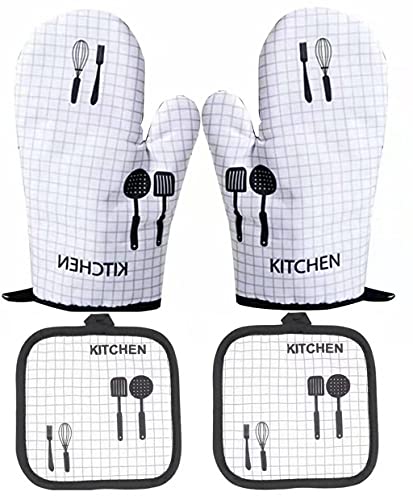 NC56 Gants de Four et Maniques Cuisine Coton Résistant à Chaleur pour Barbecue Cuisson Manipulation（1 Paire , avec 2 résistantes la ）, 26.3*20.5-17.5*17.5