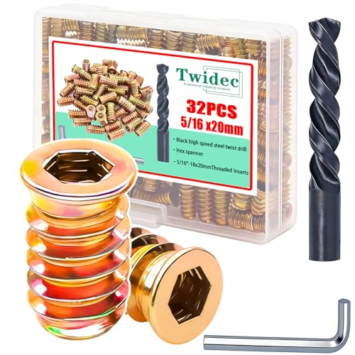 Twidec/32PCS 5/16"-18 Threaded Inserts for Wood Furniture Screw-in Nut Wood Inserts Bolt Assortment Kit with M8 Hex Wrench (5/16"-18 x20mm)