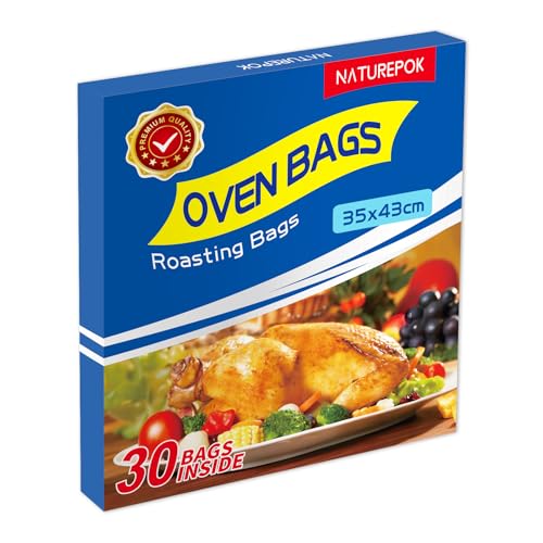 30 PCS Oven Roasting Bags with Ties — 43 x 35cm Heat-Resistant Cooking Bags for Chicken Turkey Meat Fish — Multipurpose Food Safe Oven Bags for Baking Steaming Roasting Grilling Meal Prep