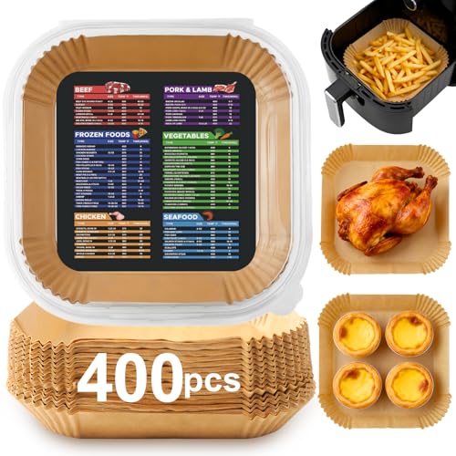 Image of 400 Pcs Air Fryer Liners Disposable, 8 inch Square Unbleached Heavy Duty Air Fryer Paper Liners, Parchment Paper for 5-8 qt Airfryer Basket, Non-Stick & Non-Leak Airfryer Liners for Deep Fryer Accessories