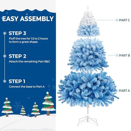 Yaheetech 7.5ft Premium Snow Flocked Artificial Christmas Tree Hinged Pine Full Holiday Xmas Tree for Home Office Party Decoration w/1284 Branch Snow Tips & Metal Stand, Blue Gradient & White